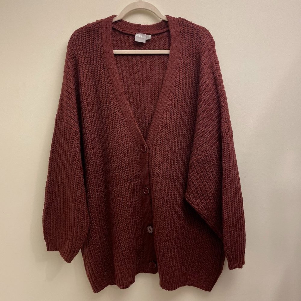 ASOS Curve Plus Size Maroon Knit Long Button Up Cardigan